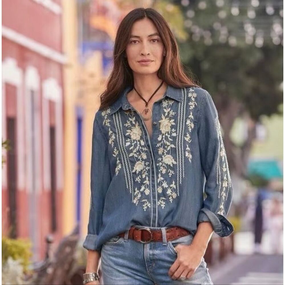 Driftwood embroidered denim button front shirt